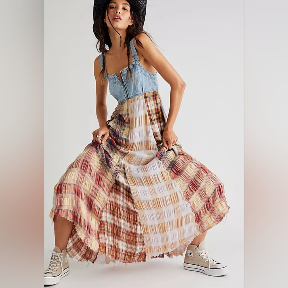 Free People Plaid Maxi Dress - Blue and Brown - Picture 2 of 16